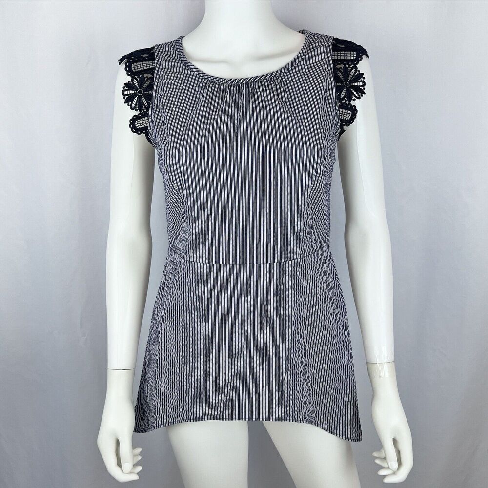 CAbi XS Blue White Stripe Sleeveless Lace Blouse Top